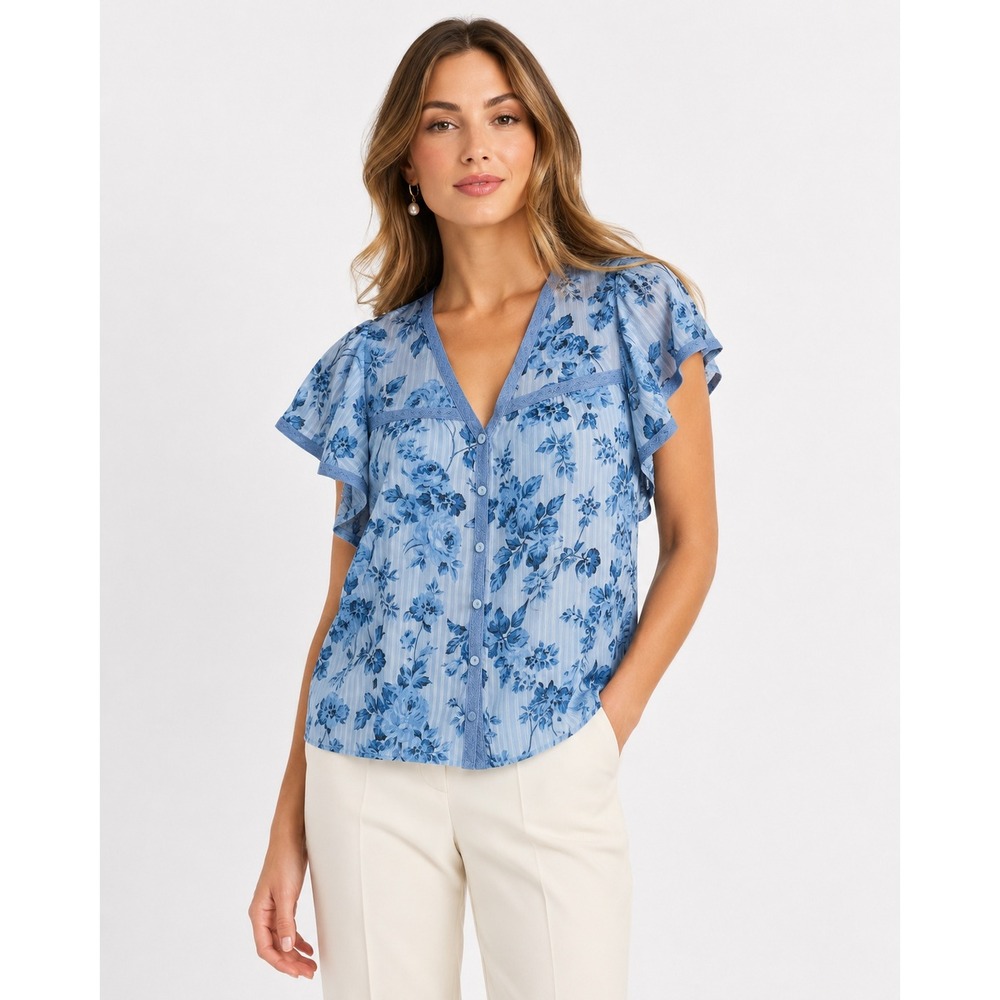 Les Serein Elsbeth Blouse Blue Floral Flutter Sleeve V-Neck Top Size M New
